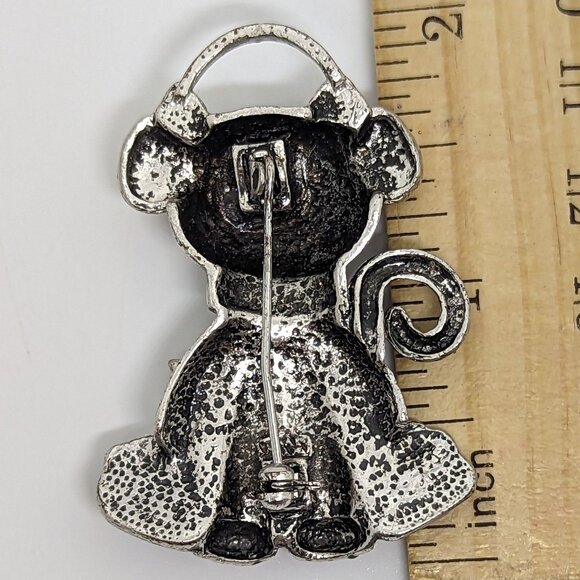 Vintage Cat Brooch With Star Pendant Silver-Tone Rhinestones Green Red Black - Picture 2 of 2